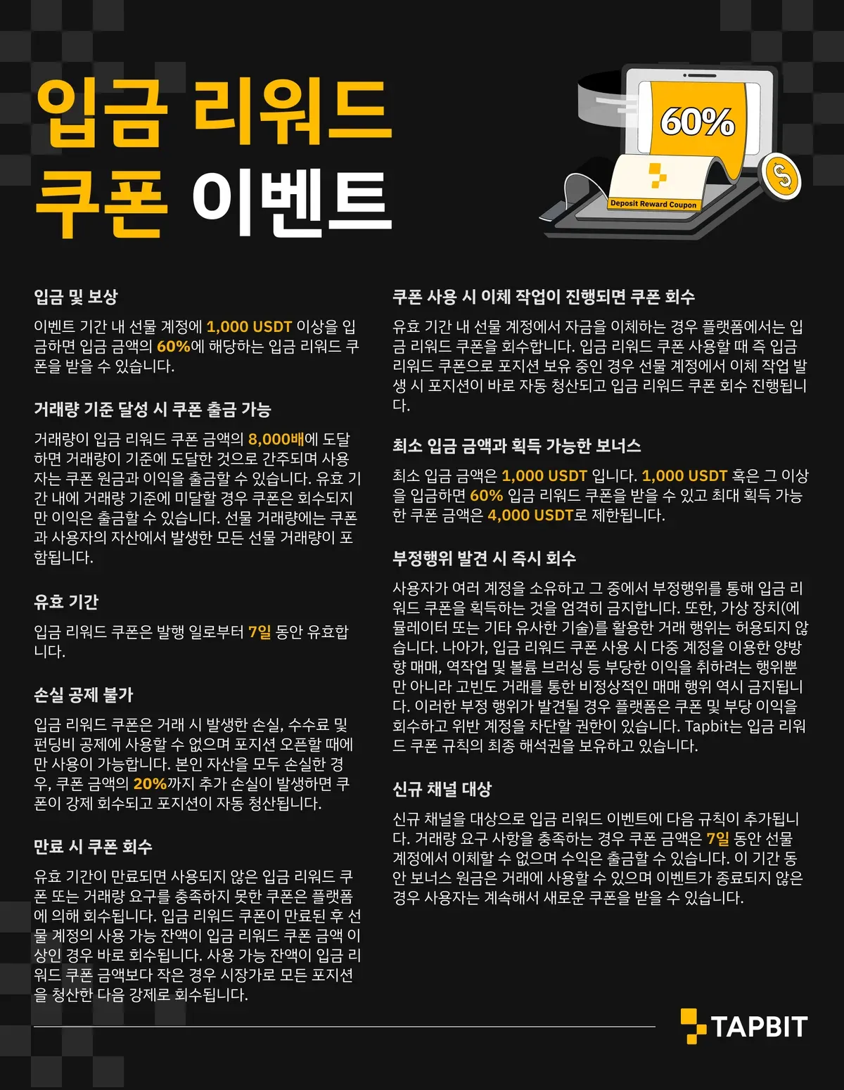 탭비트 입금 리워드 쿠폰 이벤트 규정 — 입금 및 보상, 거래량 기준 8,000배, 유효 기간 7일, 손실 공제 불가, 만료 시 회수, 이체 시 회수, 최소 입금 1,000 USDT 최대 4,000 USDT, 부정행위 회수, 신규 채널 대상 규정