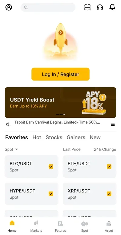 탭비트 가입 2단계 — 영어로 표시되는 앱 홈 화면과 Log In / Register 버튼